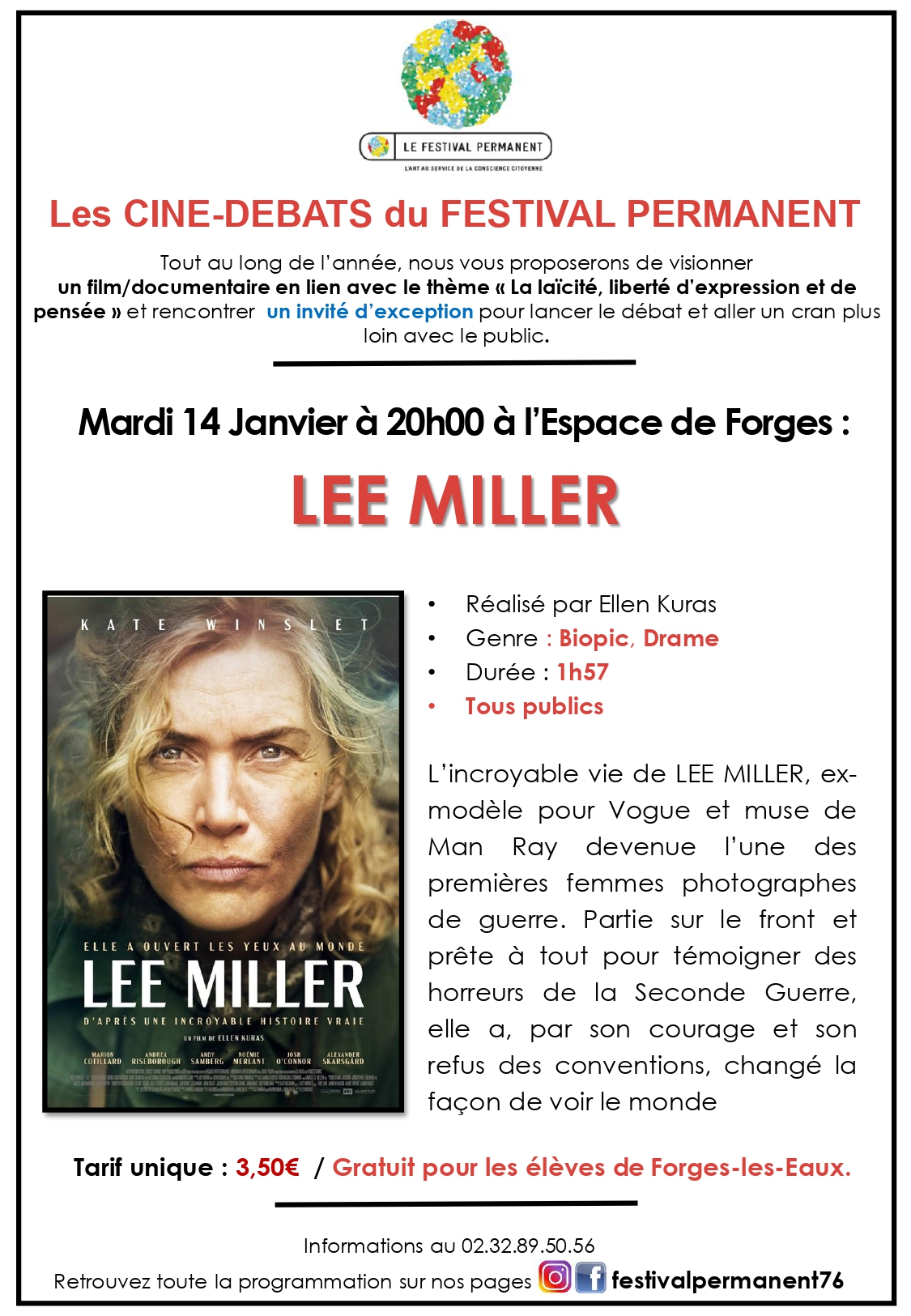 "LEE MILLER" CINE-DEBATS du FESTIVAL PERMANENT Le 14 janv 2025