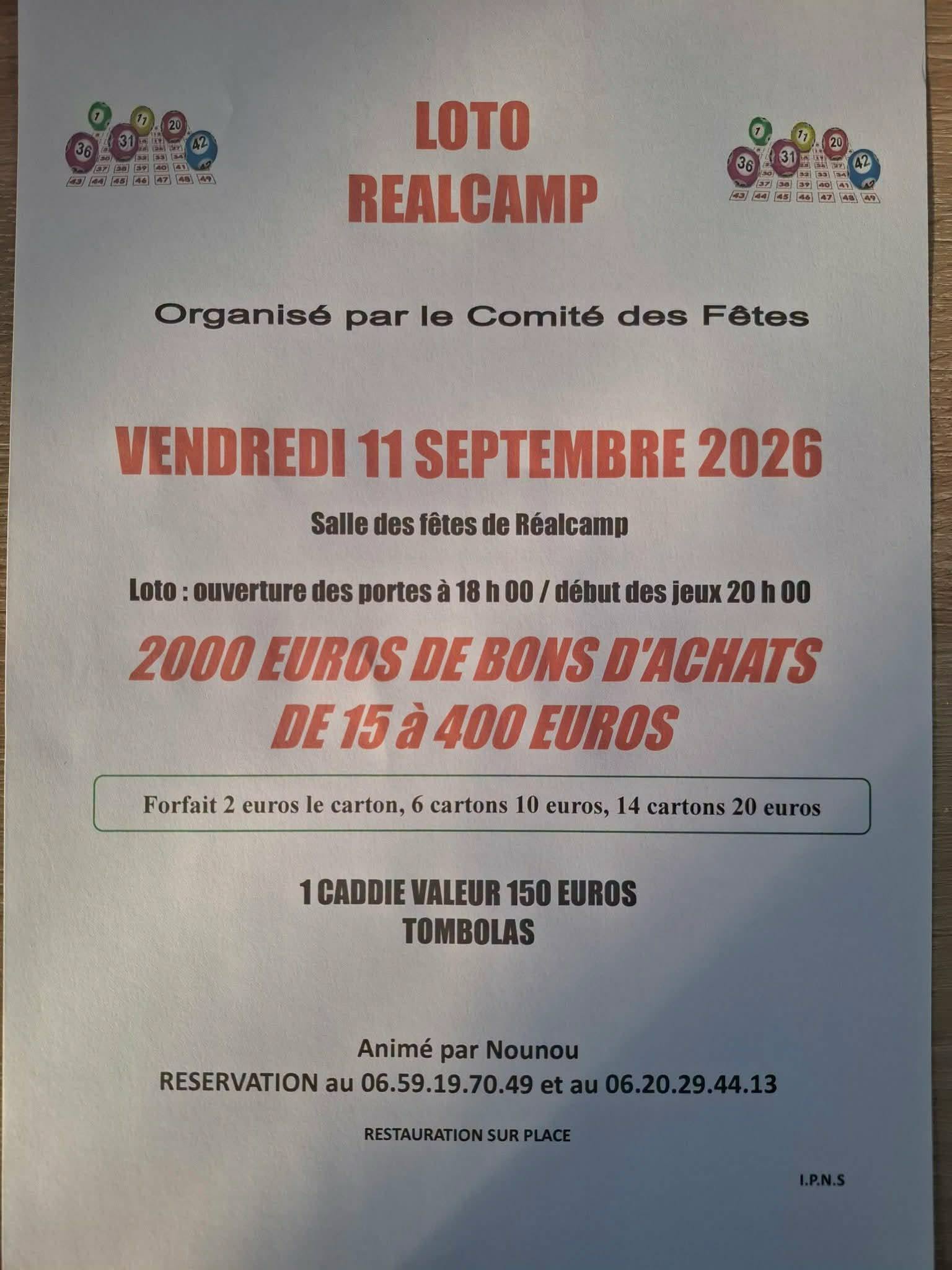 loto 11 septembre - Réalcamp - ©Comité des fêtes-2026 loto 11 septembre - Réalcamp